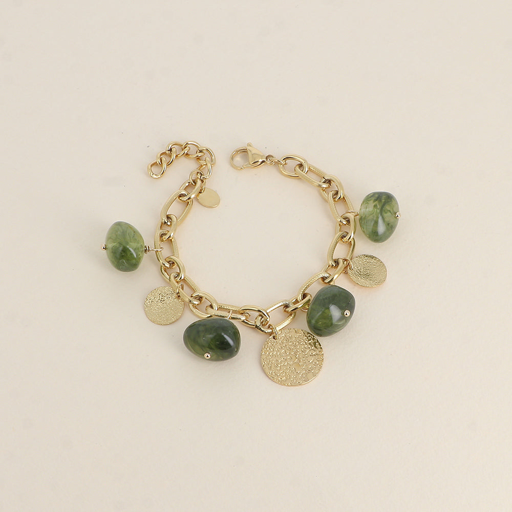 Bracelet - perles en résine vertes et pampilles rondes texturées (17,5+5 cm)