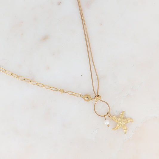 Collier en jeu de maille, pampille étoile de mer, perle d'eau douce, petite boule, pièce ronde ajourée de façon étoile, strass (45+5CM)