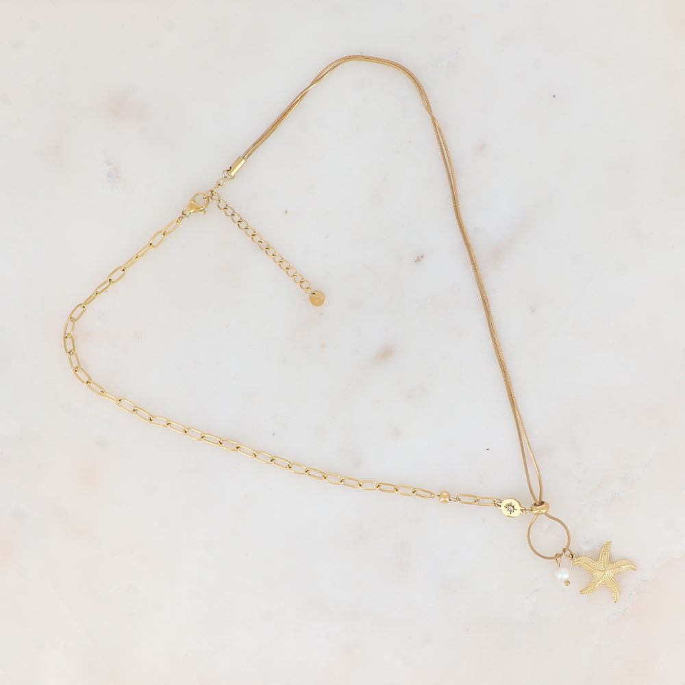Collier en jeu de maille, pampille étoile de mer, perle d'eau douce, petite boule, pièce ronde ajourée de façon étoile, strass (45+5CM)