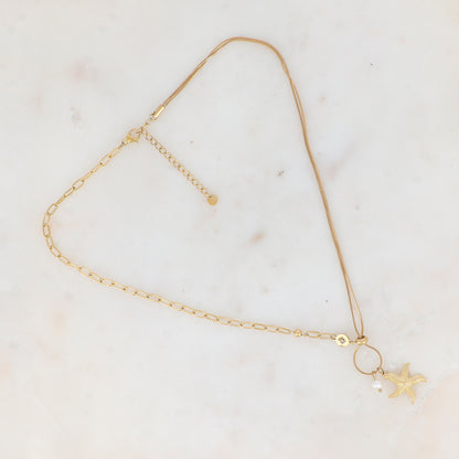 Collier en jeu de maille, pampille étoile de mer, perle d'eau douce, petite boule, pièce ronde ajourée de façon étoile, strass (45+5CM)