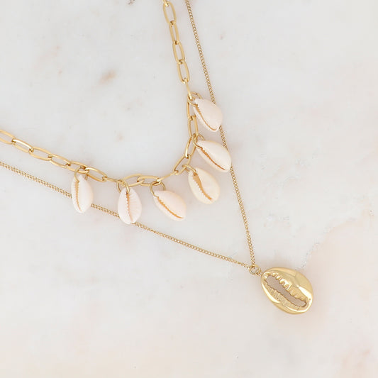 Collier double rangs en maille avec coquillages naturels (38/45+7CM)