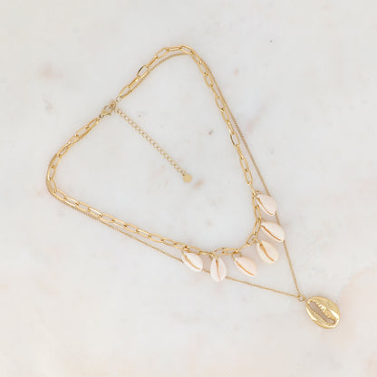Collier double rangs en maille avec coquillages naturels (38/45+7CM)