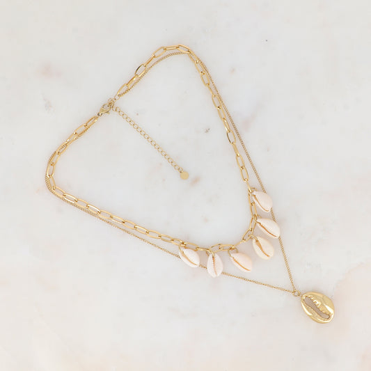 Collier double rangs en maille avec coquillages naturels (38/45+7CM)