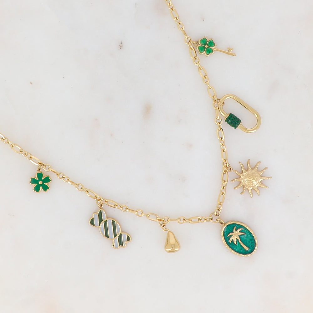 Collier en maille avec fleur émaillée, bonbons émaillé, pampille lisse, pampille ovale en émail motif palmier, soleil, anneau rectangulaire strassé, clé motif fleur en oxyde de zirconium (40+5CM)