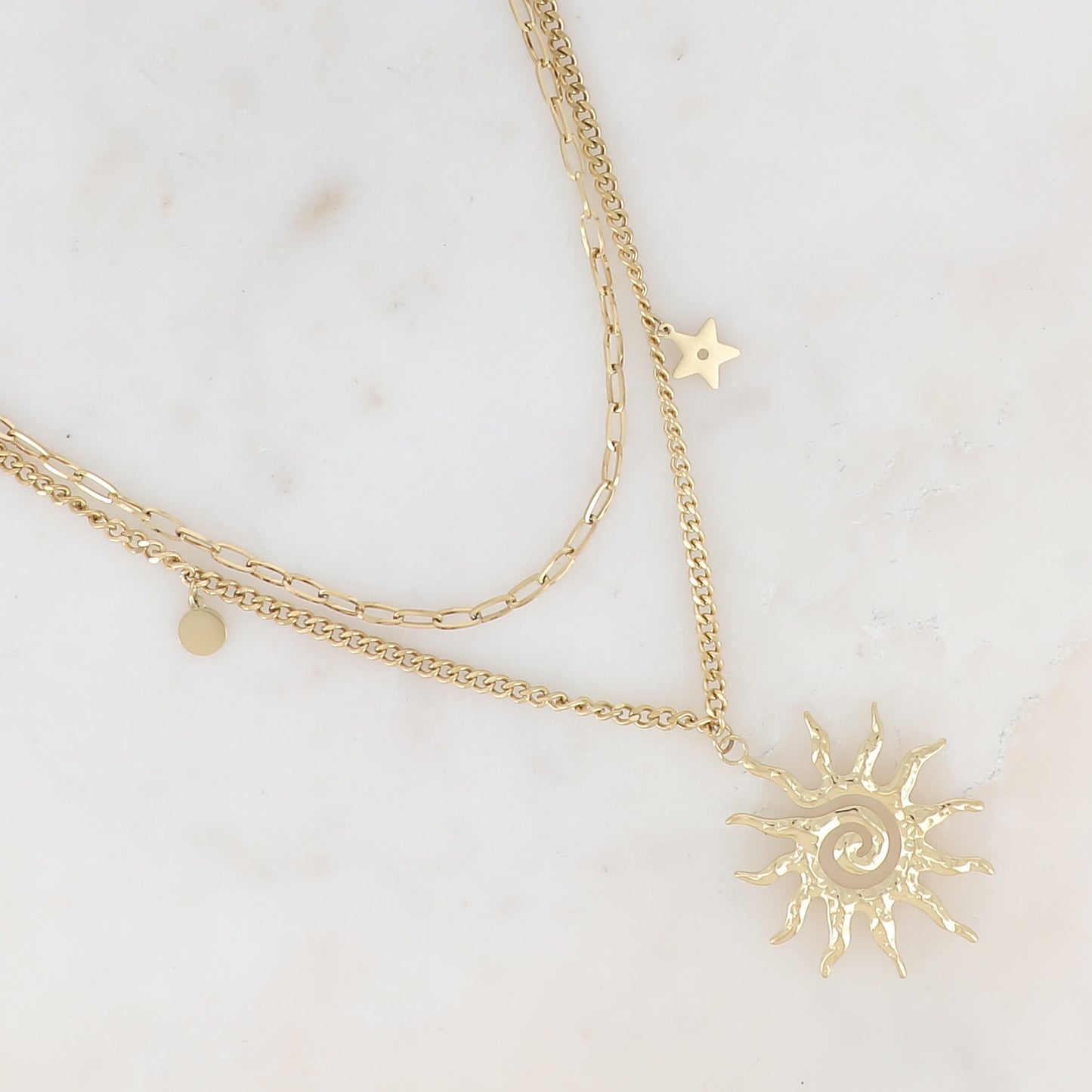 Collier double rangs en maille avec soleil, étoile et pampille ronde (40/44+5CM)