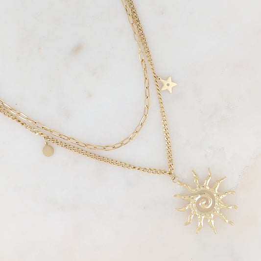 Collier double rangs en maille avec soleil, étoile et pampille ronde (40/44+5CM)