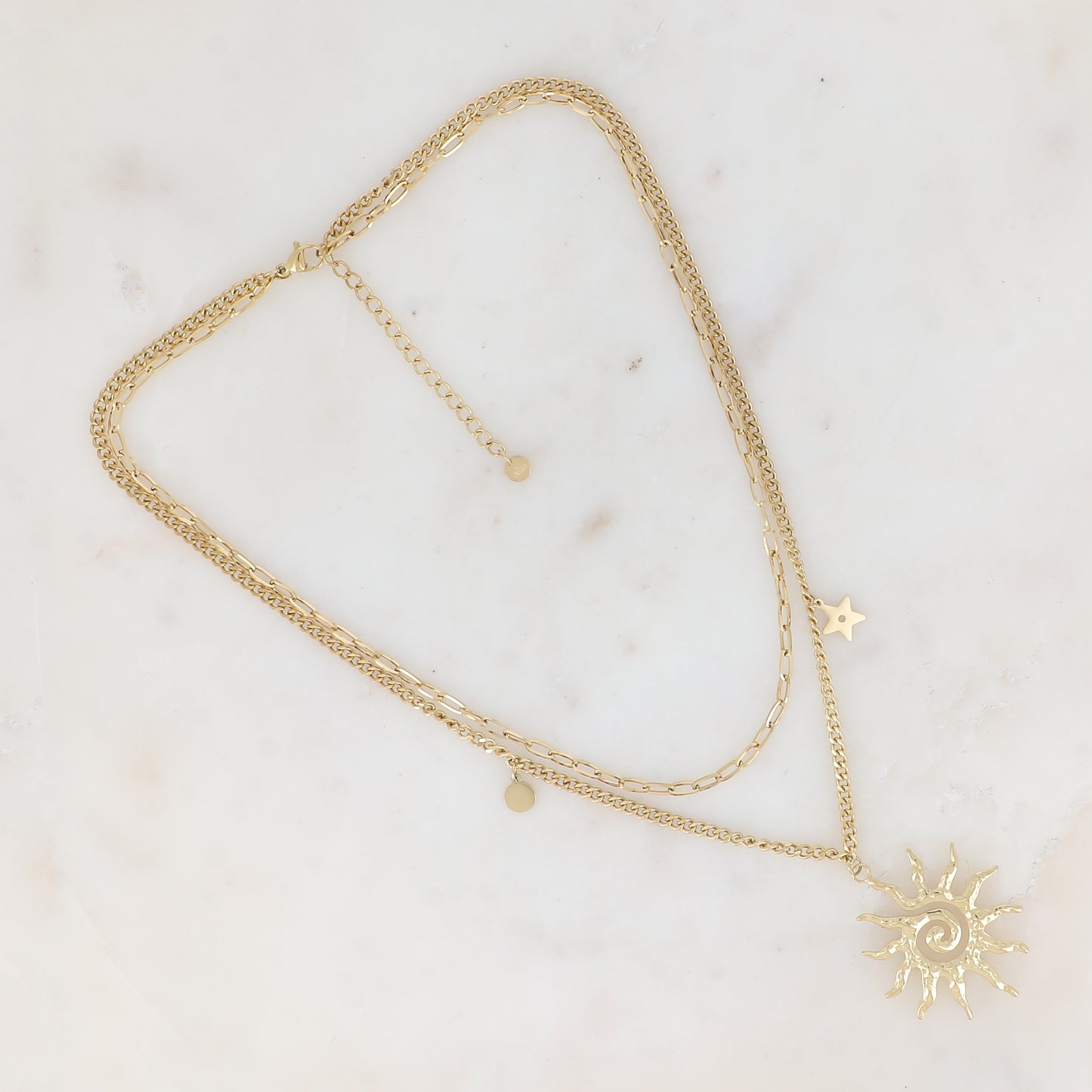 Collier double rangs en maille avec soleil, étoile et pampille ronde (40/44+5CM)