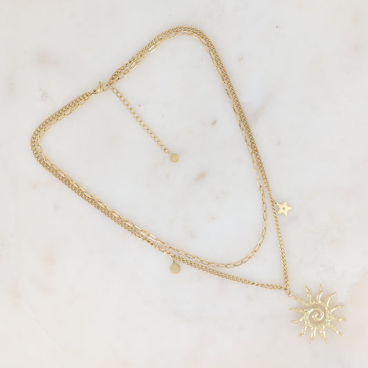 Collier double rangs en maille avec soleil, étoile et pampille ronde (40/44+5CM)