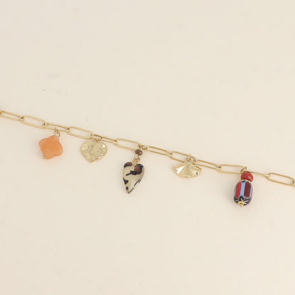 Bracelet - coeurs, en résine léopard, trèfle en pierre naturelle, ginko et perles (17+3 cm)