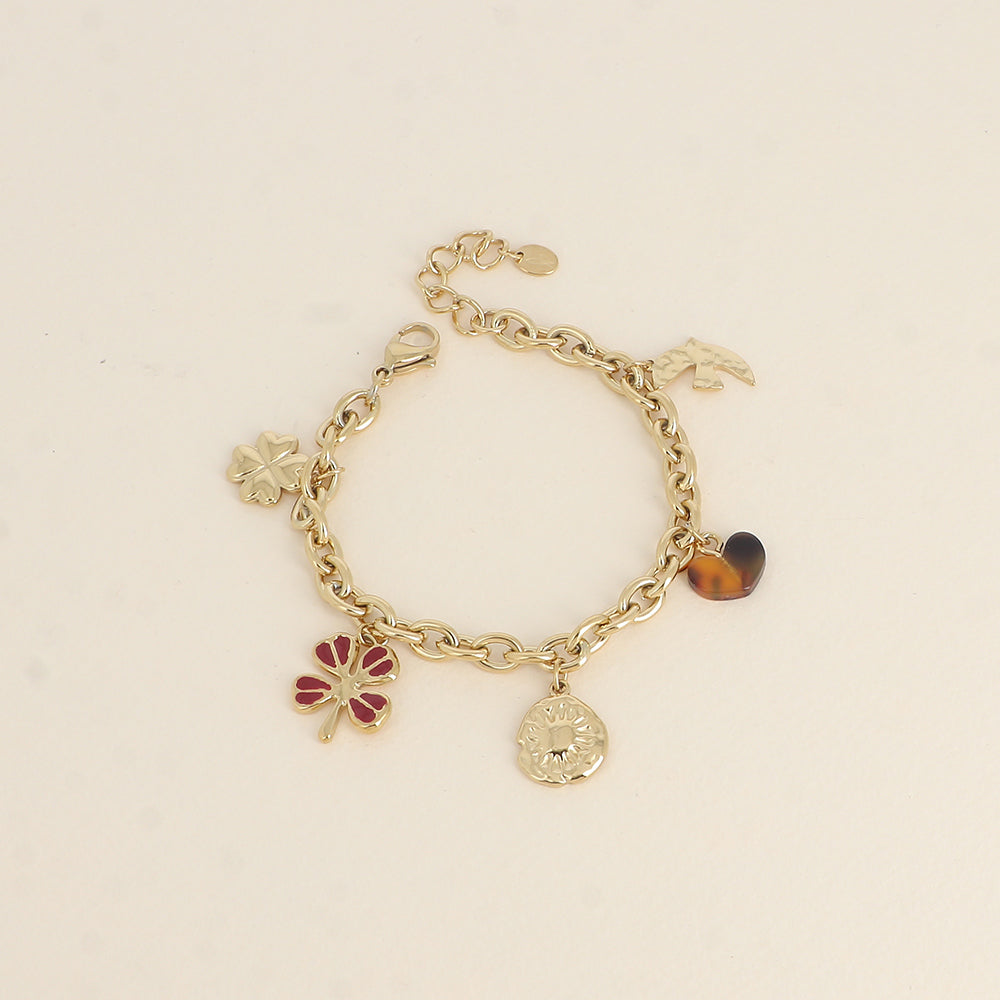 Bracelet - pendentifs (trèfles avec émail, soleil, cœur en résine, oiseau martelé) (17+3 cm)