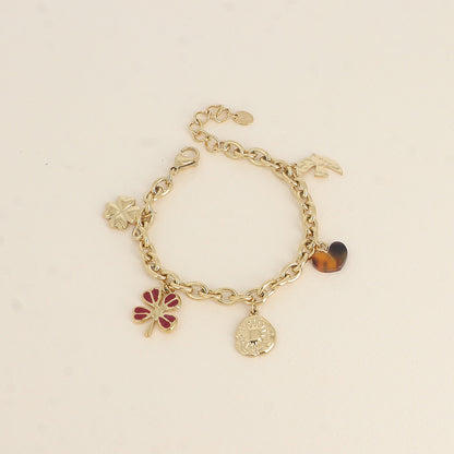 Bracelet - pendentifs (trèfles avec émail, soleil, cœur en résine, oiseau martelé) (17+3 cm)