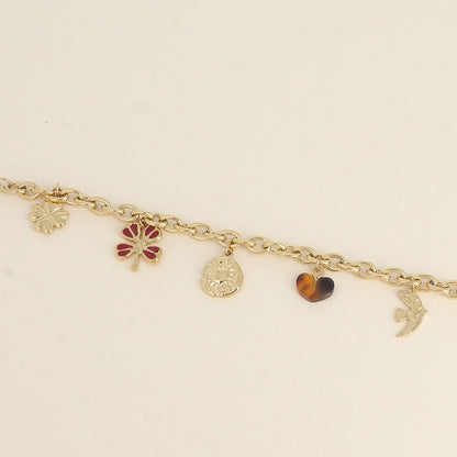 Bracelet - pendentifs (trèfles avec émail, soleil, cœur en résine, oiseau martelé) (17+3 cm)