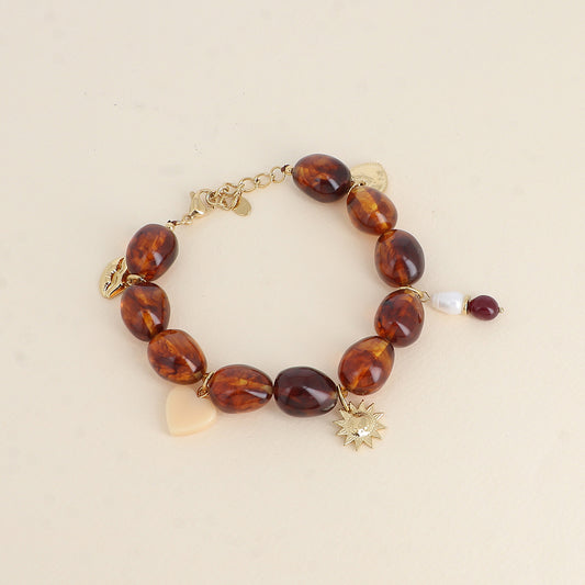 Bracelet sur fil - perles en résine et pampilles en acier inoxydable (cœur, perles de résine, soleil, cœur en résine et bouche) (19+3 cm)