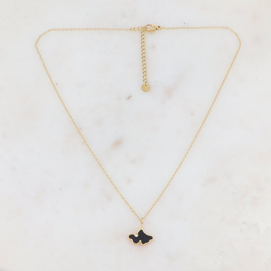 Collier doré avec pampille feuille de ginkgo en pierre noir et strass 40+5 cm