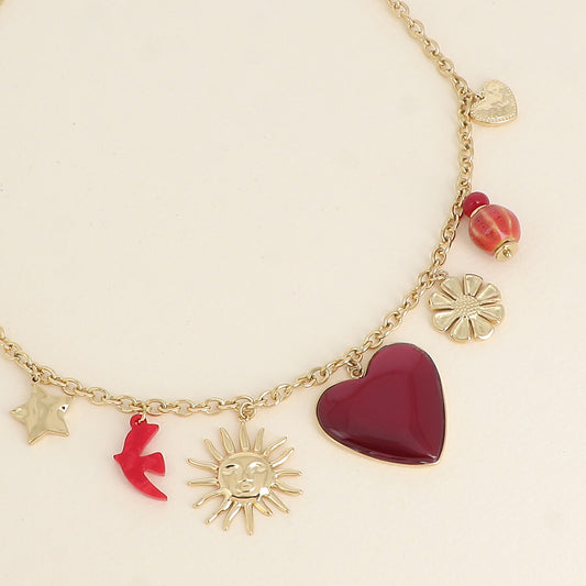 Collier - pendentifs (étoile, soleil, oiseau en résine, cœur en émail, fleur, perles, cœur) - Rouge 40+5 cm