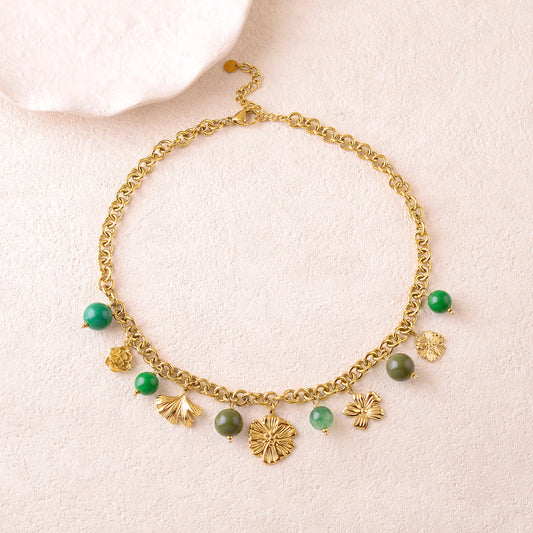 Collier en maille avec pampilles fleurs, feuille de ginkgo et perles en résine (40+5CM)