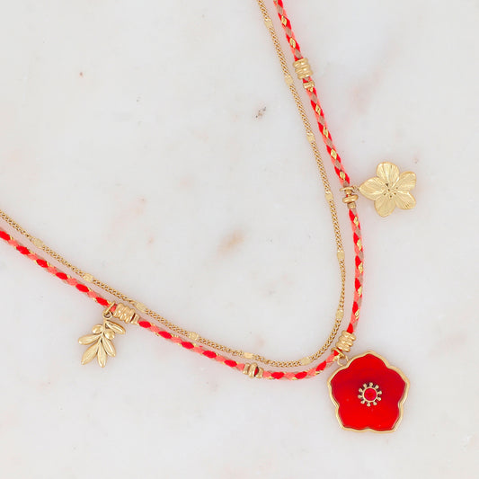 Collier 2 rangs chaine et cordons colorés avec pendentif fleur en pierre Cornaline orné d'un strass rouge, pendentif floral et et feuillage 39+5 cm