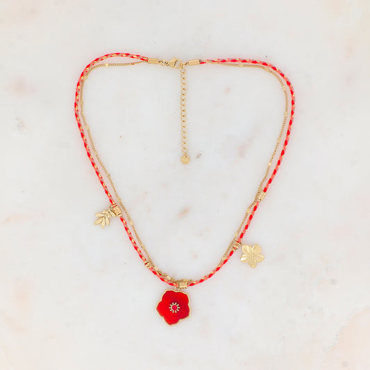 Collier 2 rangs chaine et cordons colorés avec pendentif fleur en pierre Cornaline orné d'un strass rouge, pendentif floral et et feuillage 39+5 cm