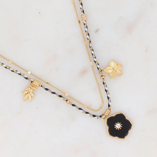 Collier 2 rangs chaine et cordons colorés avec pendentif fleur en pierre Onyx orné d'un strass blanc, pendentif floral et feuillage 39+5 cm