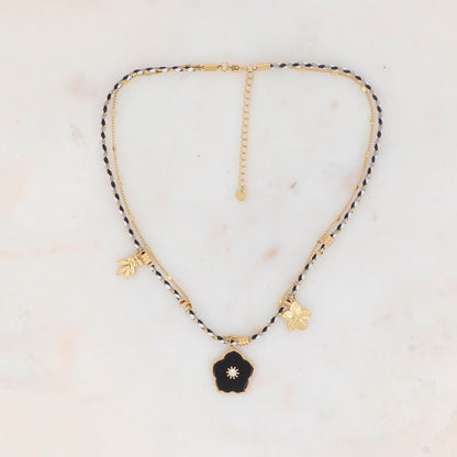 Collier 2 rangs chaine et cordons colorés avec pendentif fleur en pierre Onyx orné d'un strass blanc, pendentif floral et feuillage 39+5 cm