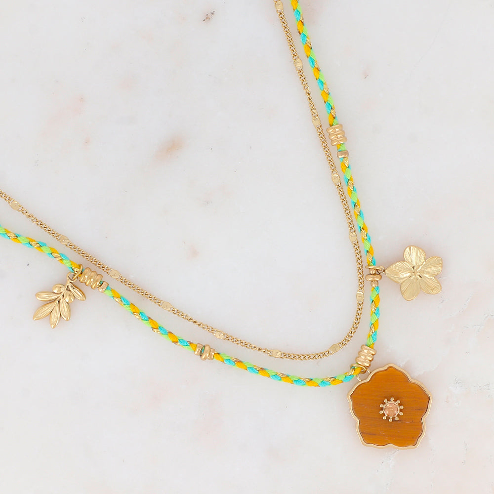 Collier 2 rangs chaine et cordons colorés avec pendentif fleur en pierre Œil de Tigre orné d'un strass champagne, pendentif floral et feuillage 39+5 cm
