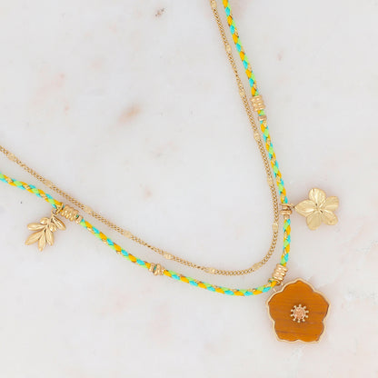 Collier 2 rangs chaine et cordons colorés avec pendentif fleur en pierre Œil de Tigre orné d'un strass champagne, pendentif floral et feuillage 39+5 cm