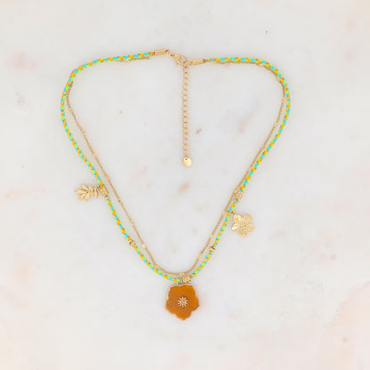 Collier 2 rangs chaine et cordons colorés avec pendentif fleur en pierre Œil de Tigre orné d'un strass champagne, pendentif floral et feuillage 39+5 cm