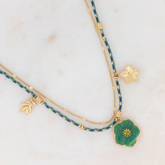 Collier 2 rangs chaine et cordons colorés avec pendentif fleur en pierre Agate verte orné d'un strass vert, pendentif floral et en acier et feuillage en acier 39+5 cm