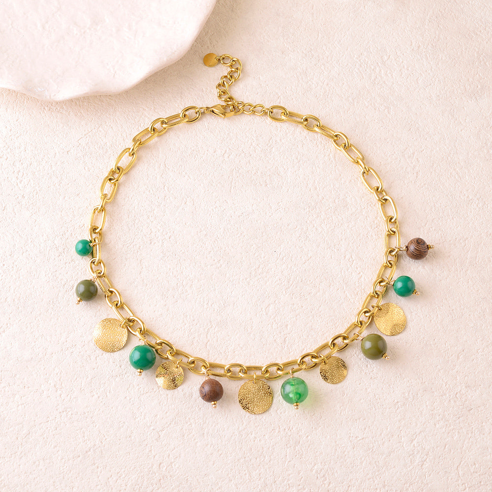 Collier en maille avec pampilles rondes texturées et perles en résine (40+5CM)