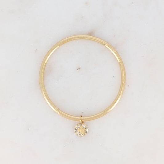 Jonc non réglable effet brossé avec pendentif rond strassé avec motif trèfle Diamètre 64mm - Epaisseur 4mm
