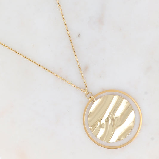 Sautoir avec un anneau et un pendentif rond ondulé effet miroir (80+10CM)