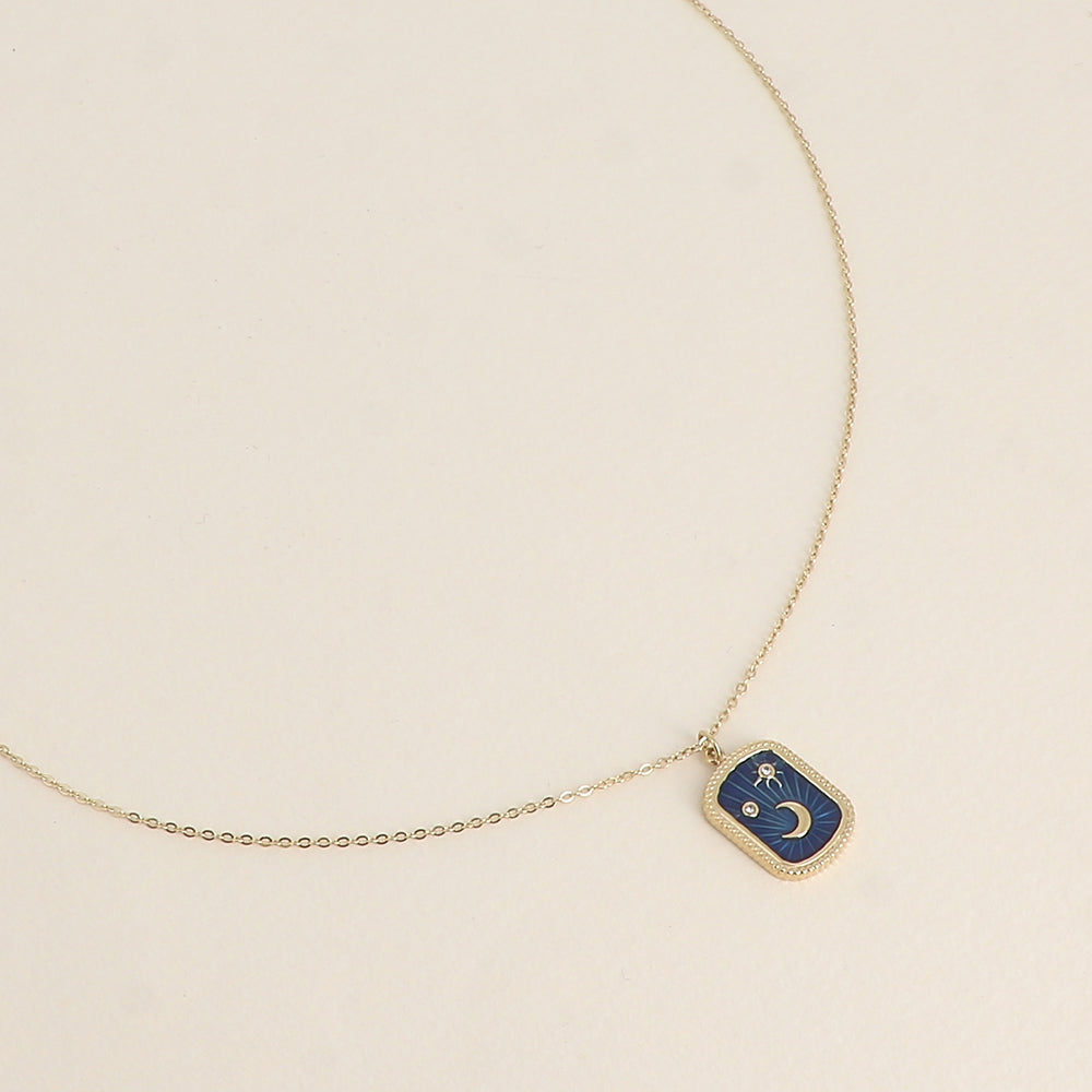 Collier - plaquette en émail avec lune, étoiles et oxydes de zirconium - Bleu 45+5 cm