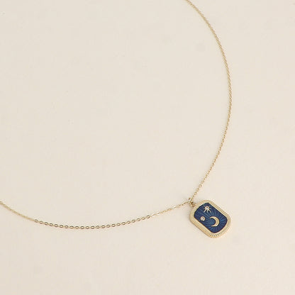 Collier - plaquette en émail avec lune, étoiles et oxydes de zirconium - Bleu 45+5 cm