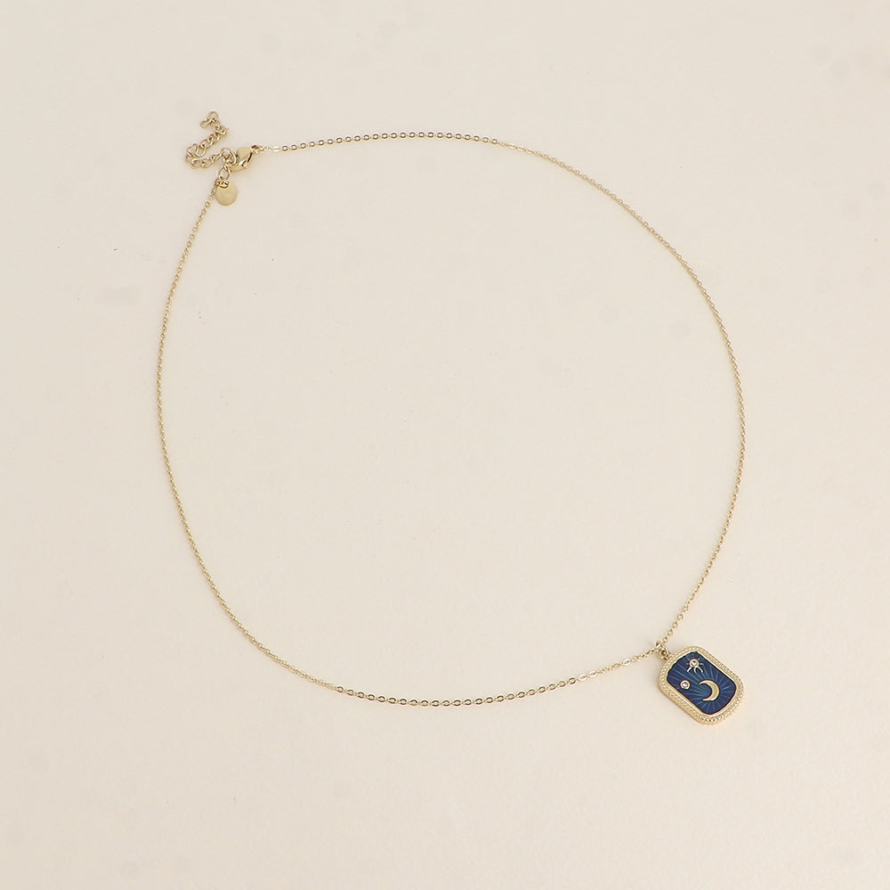 Collier - plaquette en émail avec lune, étoiles et oxydes de zirconium - Bleu 45+5 cm