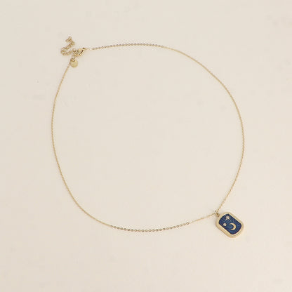 Collier - plaquette en émail avec lune, étoiles et oxydes de zirconium - Bleu 45+5 cm