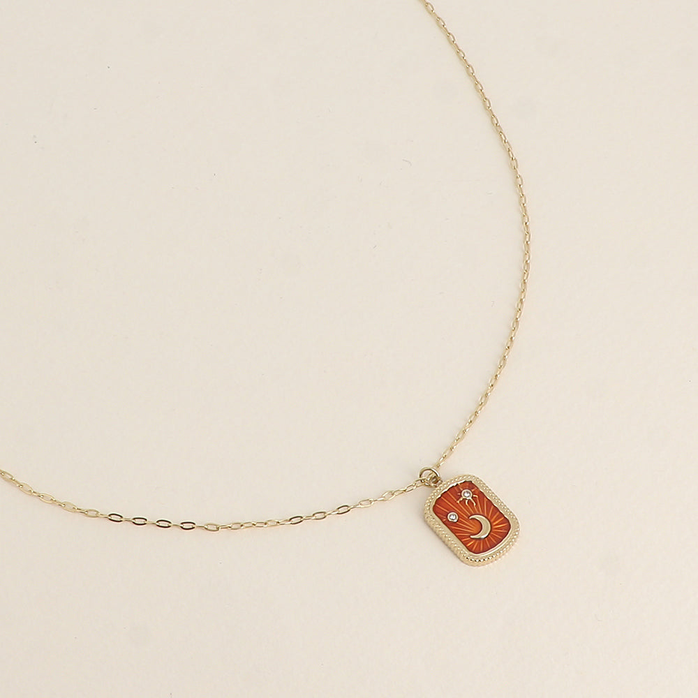 Collier - plaquette en émail avec lune, étoiles et oxydes de zirconium - Orange 45+5 cm