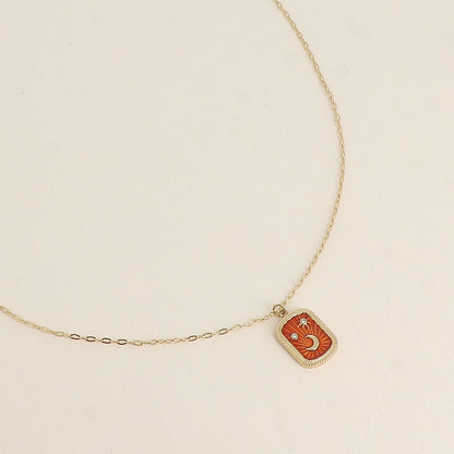 Collier - plaquette en émail avec lune, étoiles et oxydes de zirconium - Orange 45+5 cm