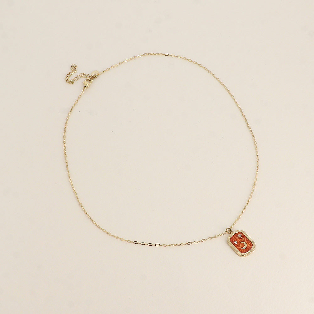 Collier - plaquette en émail avec lune, étoiles et oxydes de zirconium - Orange 45+5 cm