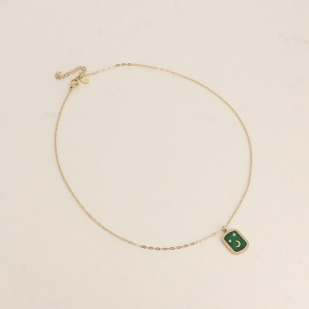 Collier - plaquette en émail avec lune, étoiles et oxydes de zirconium - Vert 45+5 cm
