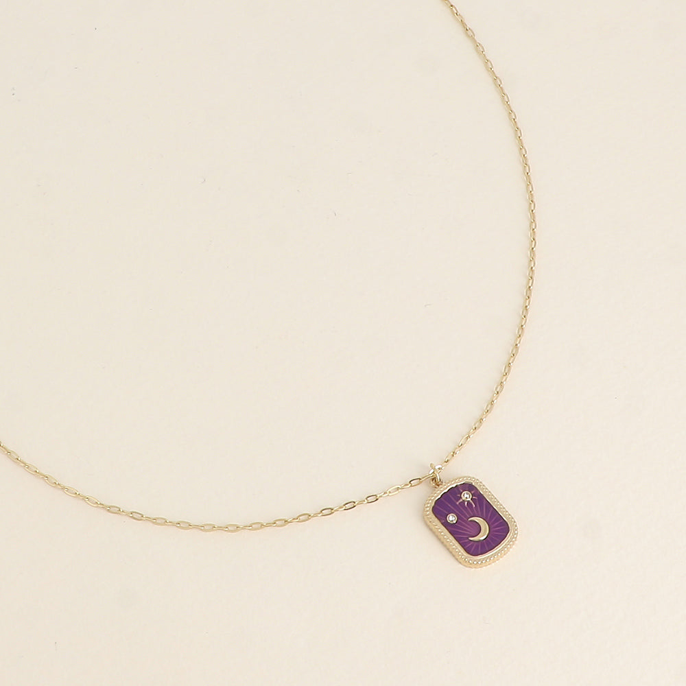 Collier - plaquette en émail avec lune, étoiles et oxydes de zirconium - Violet 45+5 cm