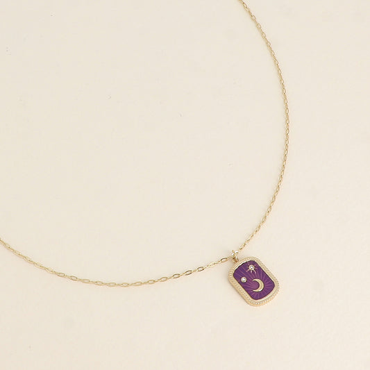 Collier - plaquette en émail avec lune, étoiles et oxydes de zirconium - Violet 45+5 cm