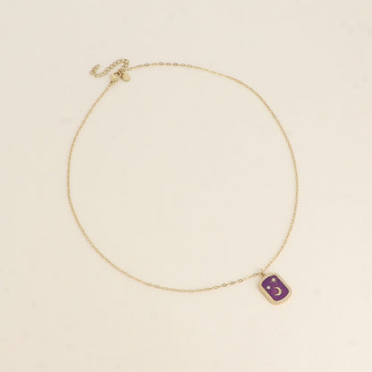 Collier - plaquette en émail avec lune, étoiles et oxydes de zirconium - Violet 45+5 cm