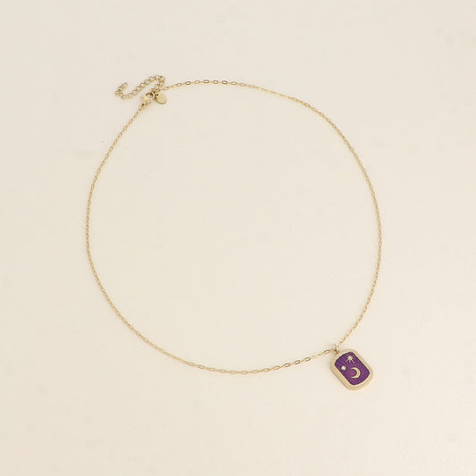 Collier - plaquette en émail avec lune, étoiles et oxydes de zirconium - Violet 45+5 cm