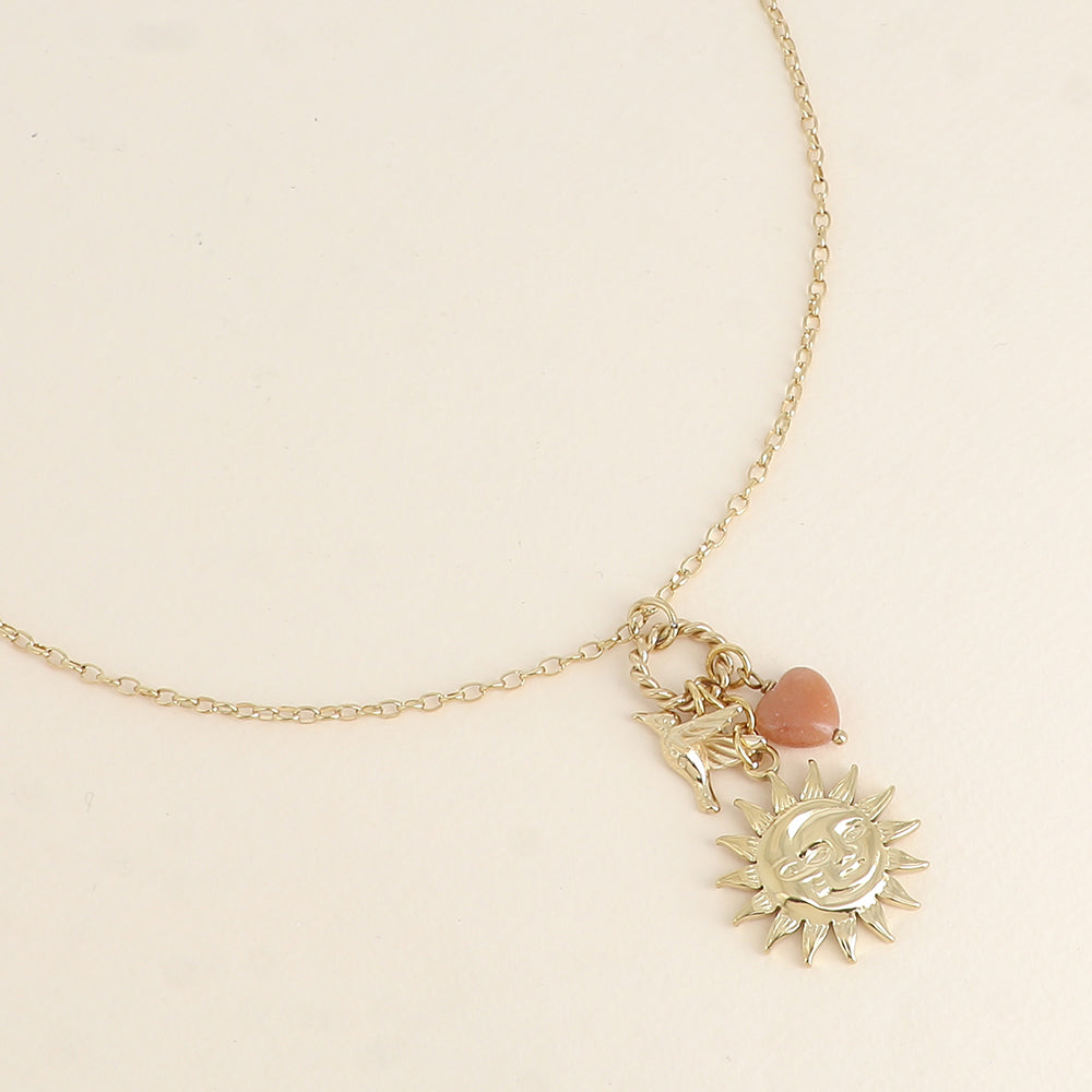 Collier - 3 pièces (éclipse, soleil, lune, perle cœur et oiseau) 45+7 cm