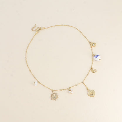 Collier - perles en résine, soleil, cœur, lune, trèfle, cœur en céramique émaillée fleurie 40+5 cm