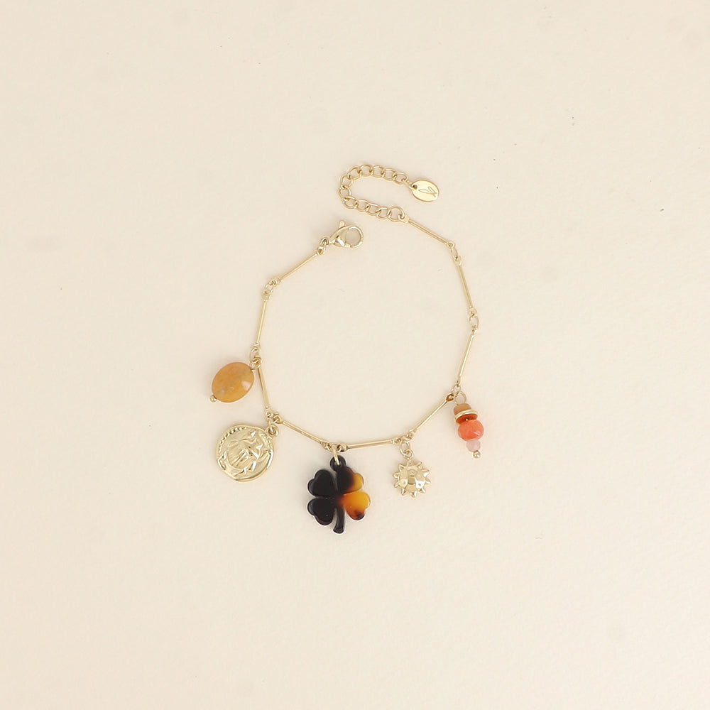 Bracelet - pendentifs (pierres naturelles, scarabée, soleil, trèfle en résine léopard) (16+3 cm)