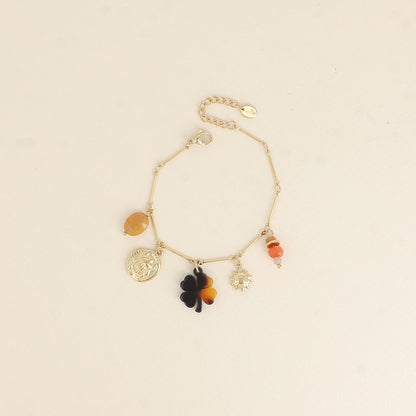 Bracelet - pendentifs (pierres naturelles, scarabée, soleil, trèfle en résine léopard) (16+3 cm)