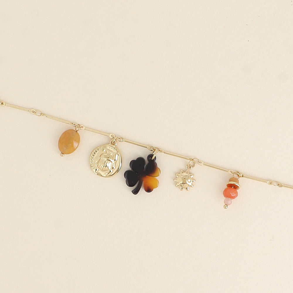 Bracelet - pendentifs (pierres naturelles, scarabée, soleil, trèfle en résine léopard) (16+3 cm)
