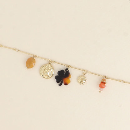 Bracelet - pendentifs (pierres naturelles, scarabée, soleil, trèfle en résine léopard) (16+3 cm)