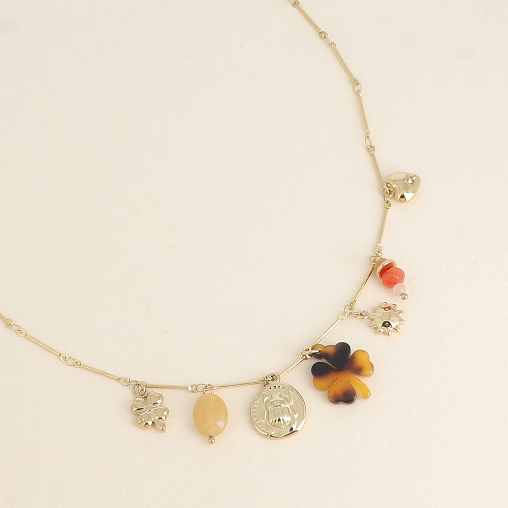 Collier - pendentifs (pierres naturelles, scarabée, soleil, trèfle en résine léopard, trèfle) 40+5 cm